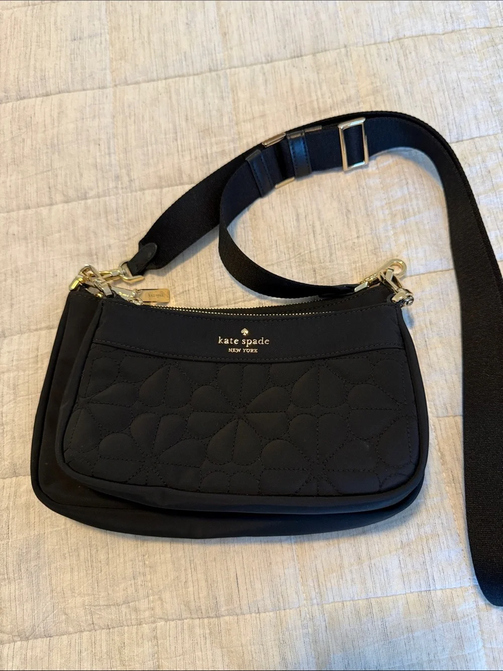 kate spade Black Quilted Floral Nylon Crossbody with Gold Hardware